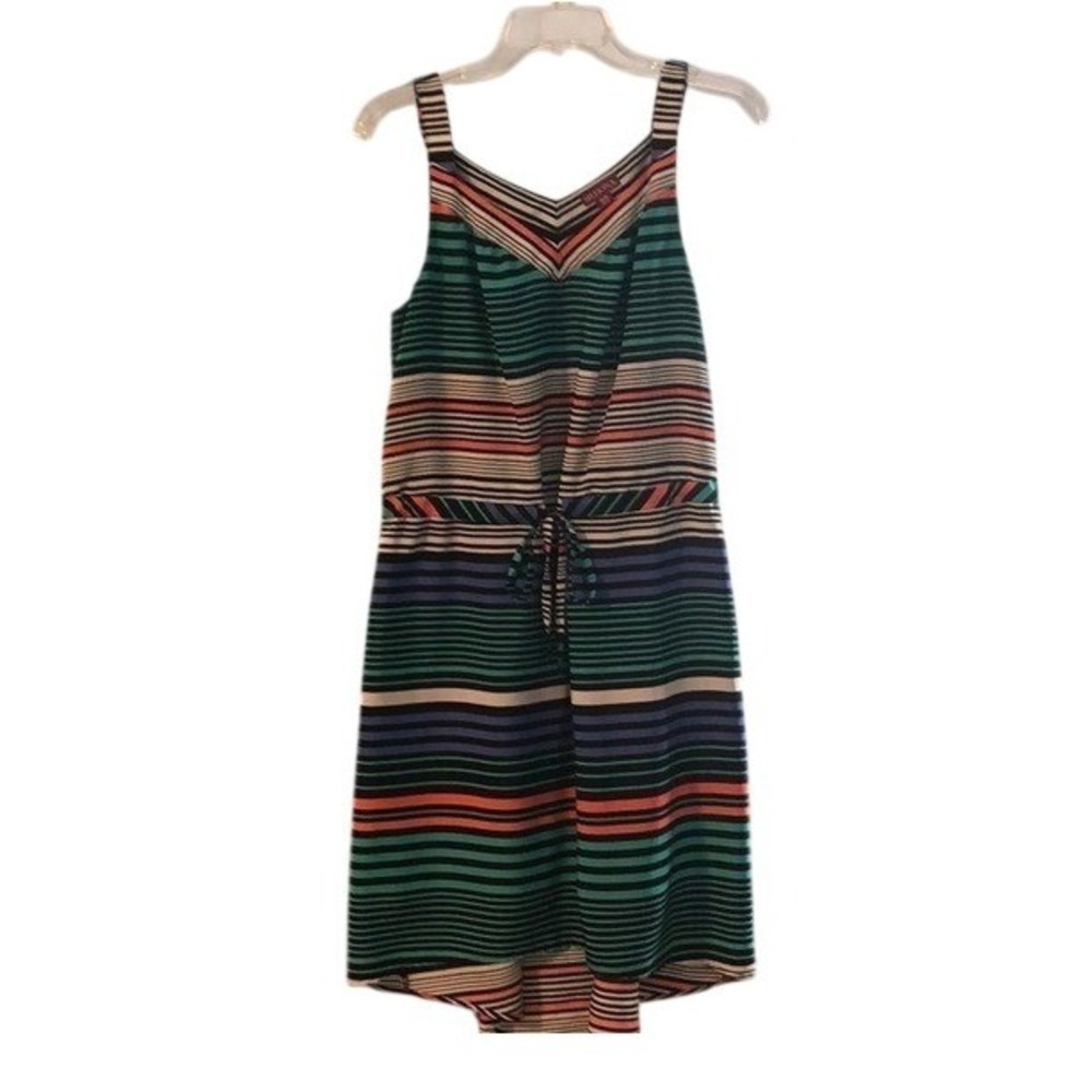 Merona Womens Striped Sleeveless V-Neck Dress Cinched Waist High-Low Hem Medium